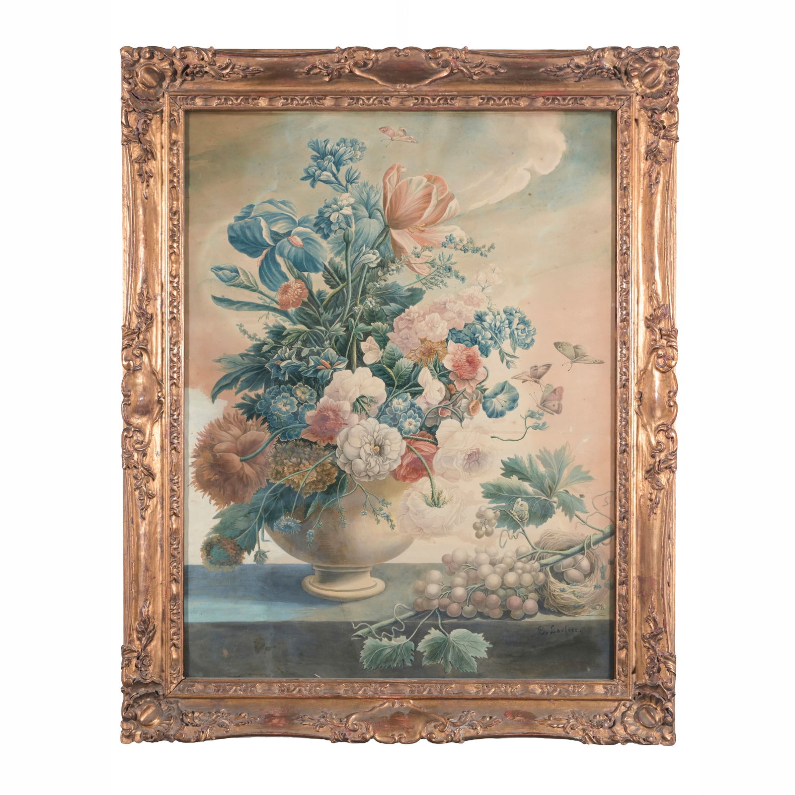 Scuola francese del XVIII/XIX secolo Vaso di fiori con nido e farfalle Acquerello su carta 73 x 55 (1 of 4)