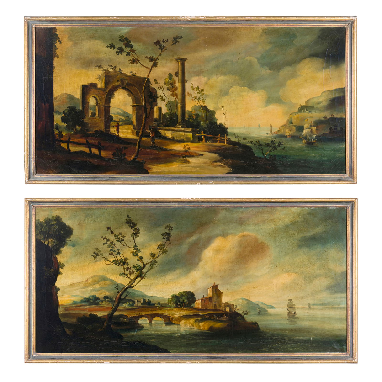 Scuola italiana del XX secolo Paesaggio con ponte - Paesaggio con rovine Olio su tela 62 x 130 cm (1 of 7)