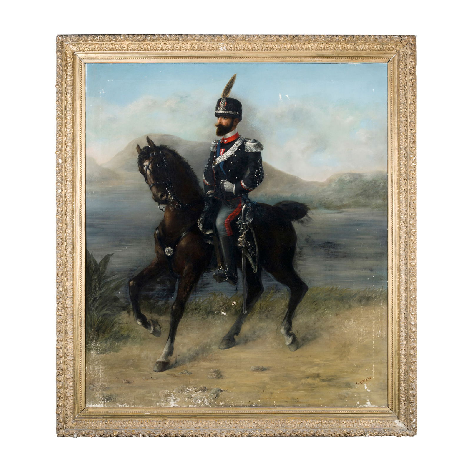 P. Casnedi (attivo nel XIX/XX secolo) Ritratto di soldato ufficiale di cavalleria, 1902 Olio su tela: P. Casnedi (attivo nel XIX/XX secolo) Ritratto di soldato ufficiale di cavalleria, 1902 Olio su tela 140 x 125 cm Firmato e datato in basso a destra P. Casnedi 1902 P. Casnedi (active 19th/20th centur