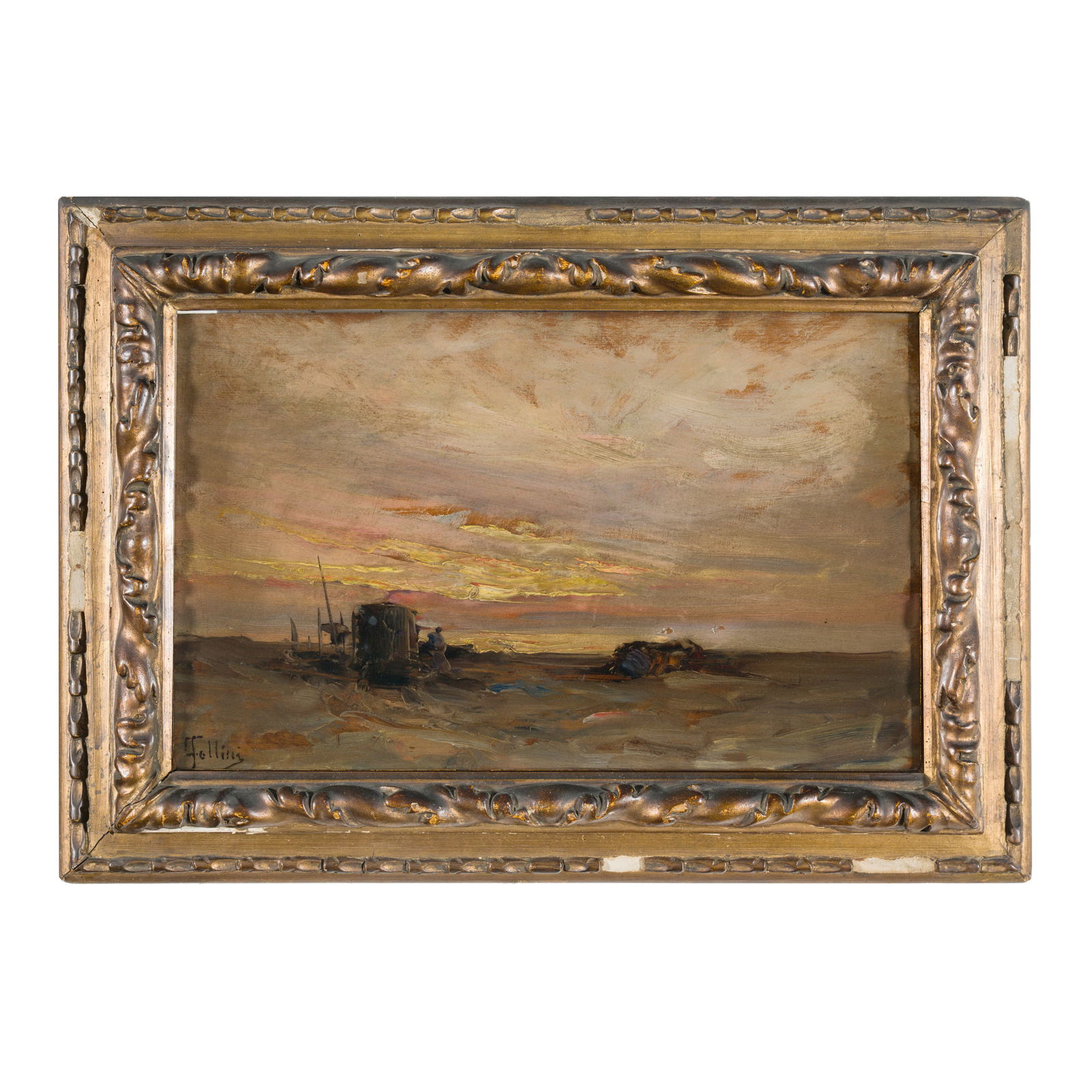 Carlo Follini (Domodossola 1848 - Pegli 1938) Tramonto Olio su tavoletta 26,8 x 43,5 cm Firmato (1 of 4)