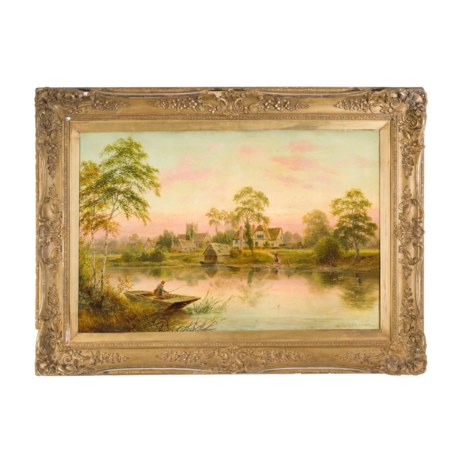 Albert Dunnington (Inghilterra 1860 - 1928) Paesaggio con barca, 1911 Olio su tela 61 x 91 cm (1 of 4)