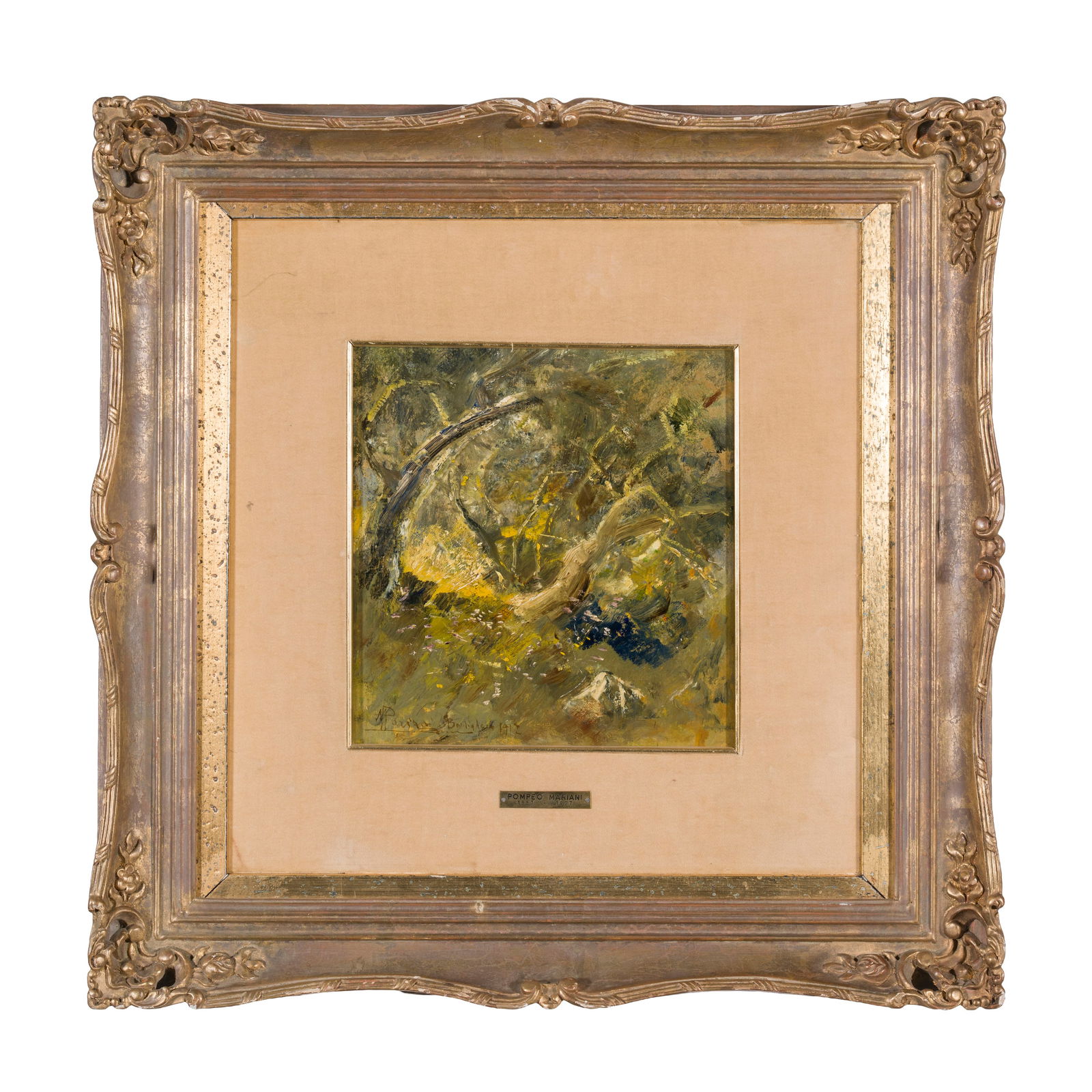 Pompeo Mariani (Monza 1857 - Bordighera 1927) Sottobosco Olio su cartone 26,2 x 25 cm a vista In (1 of 3)