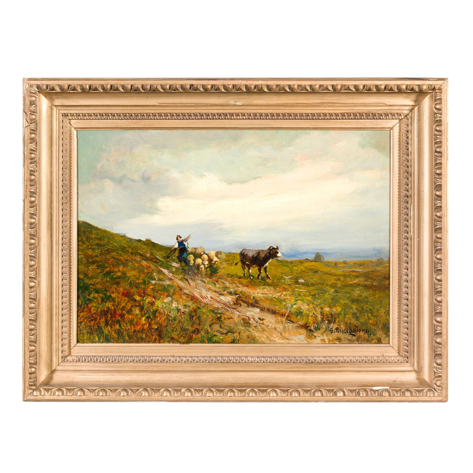 Giuseppe Buscaglione (Ariano 1868 - Rivoli 1928) Pascolo Olio su tavola 31 x 45 cm Firmato in (1 of 4)