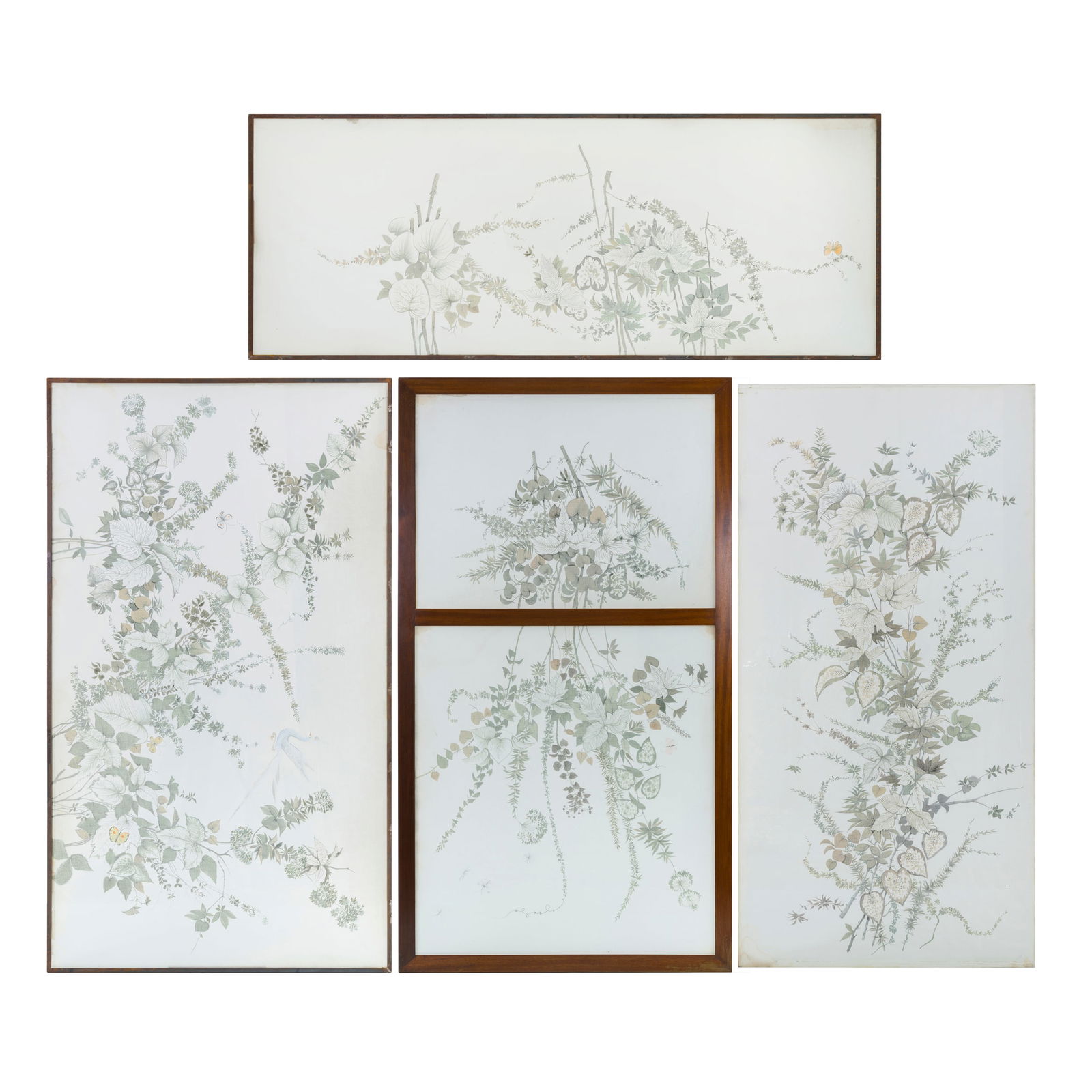 Mario Crippa Quattro grandi pannelli con decori floreali Tessuto dipinto, struttura in ferro, legno (1 of 9)