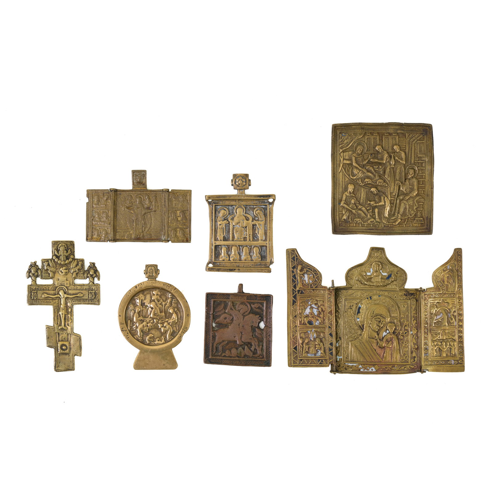 Sei icone e un crocifisso Deesis con Santi Eletti, bronzo, Russia, XIX secolo, 9 x 6,2 cm San (1 of 2)