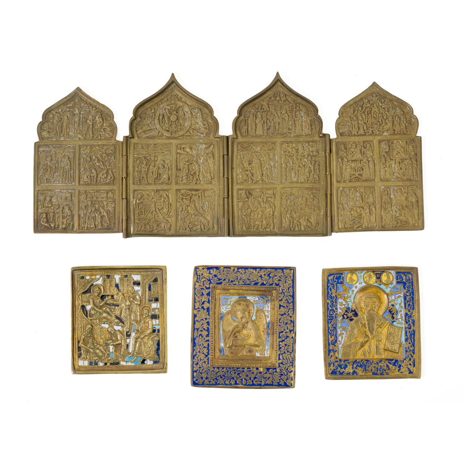 Quattro icone Dodici feste con Venerazione della Vergine, bronzo, Russia, XIX secolo, 15,2 x 35,7 cm (1 of 2)