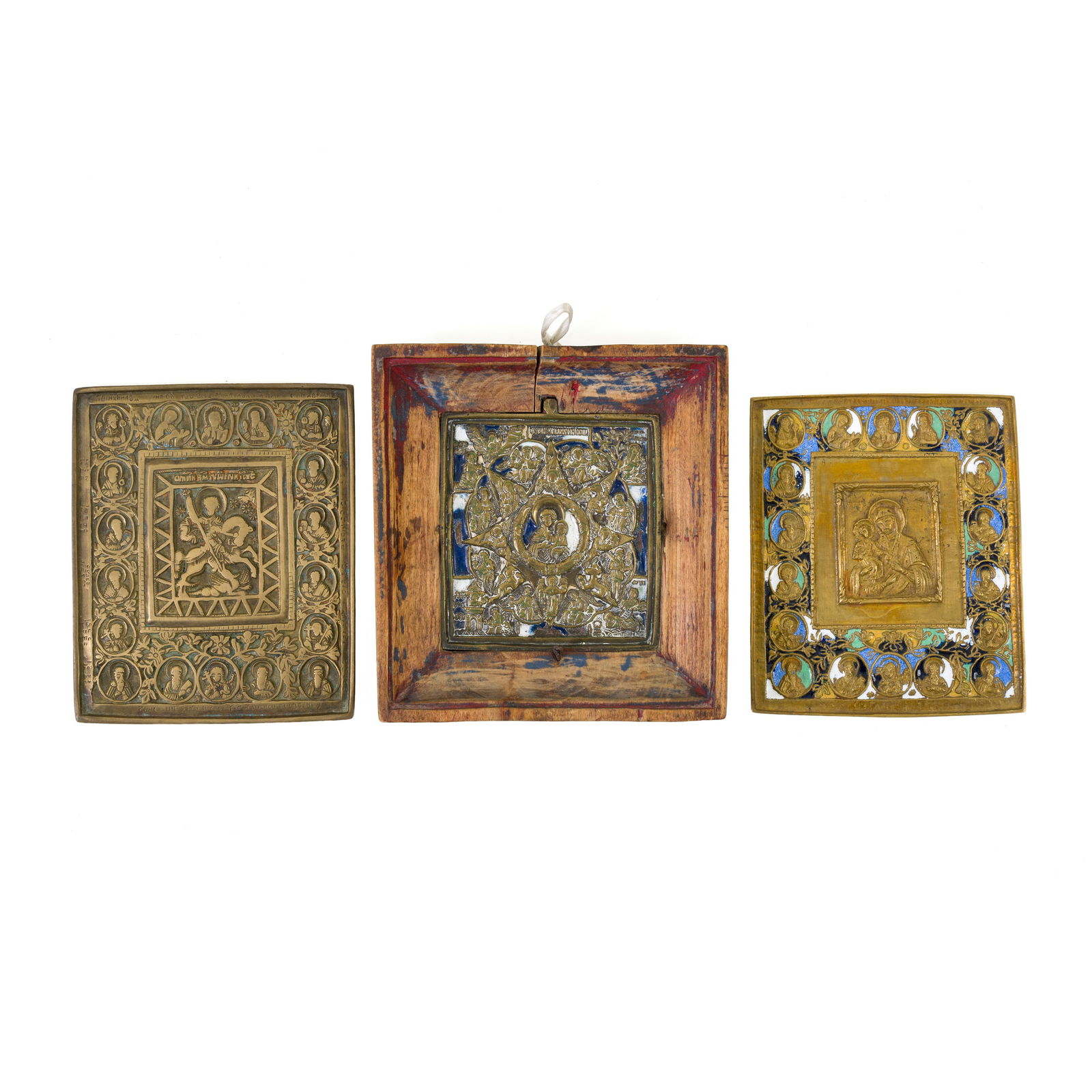 Tre icone San Giorgio e il drago con Deesis di Santi Eletti, bronzo, Russia, XIX secolo, 14 x 12 cm (1 of 2)