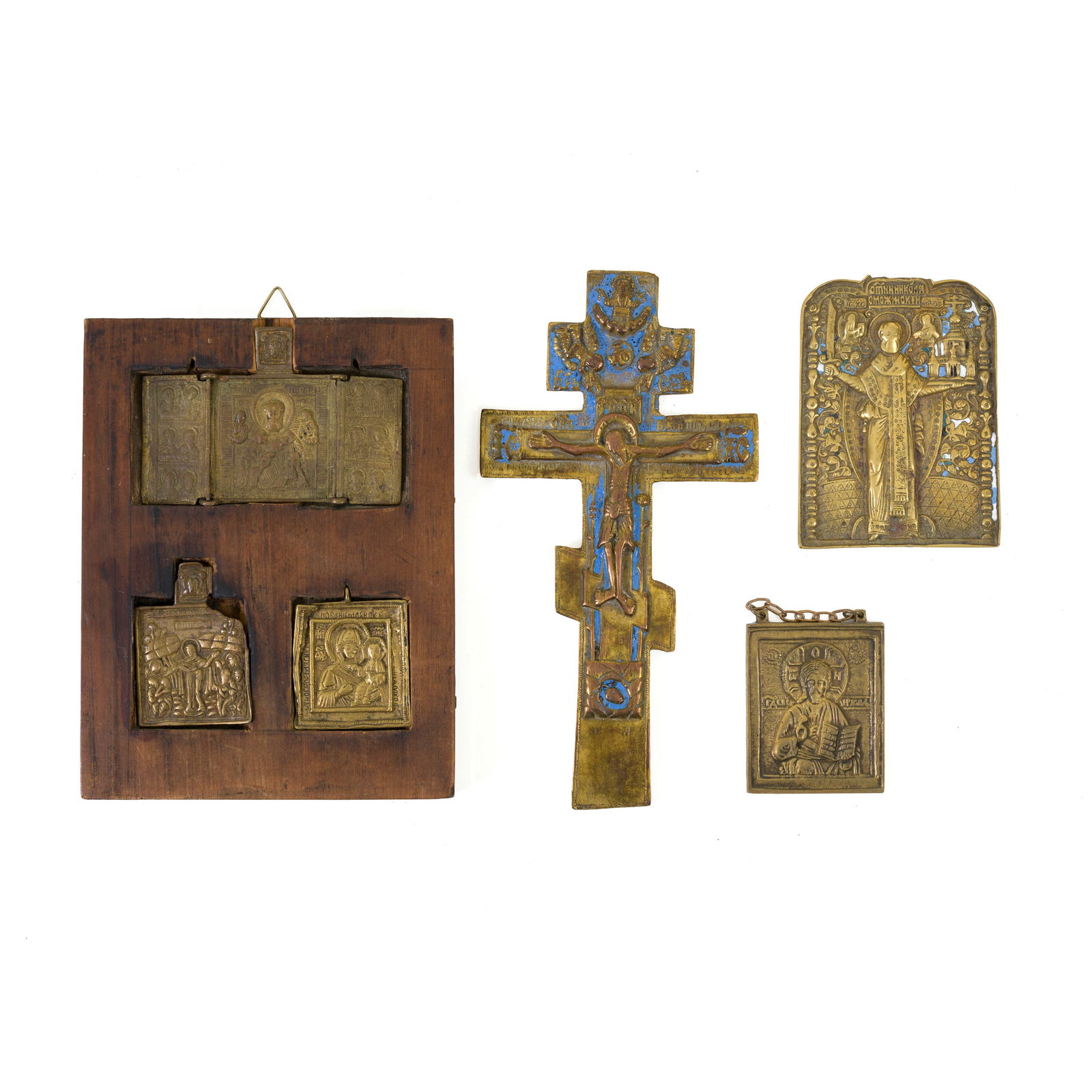 Sei icone e un crocifisso Crocifissione, bronzo, Russia, XIX secolo, 20,2 x 10,5 cm Pantokrator, (1 of 2)