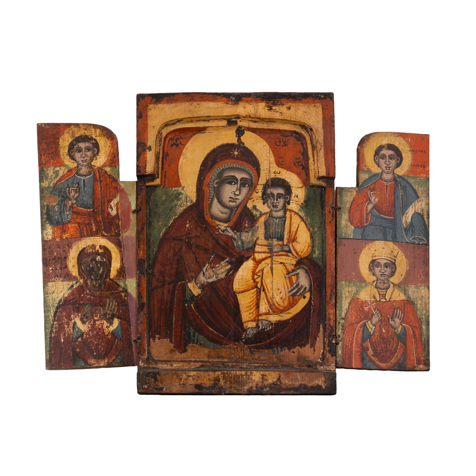 Scuola veneto-cretese o ionica del XIX secolo Icona tripartita Madonna Odigitria con tre santi e (1 of 3)