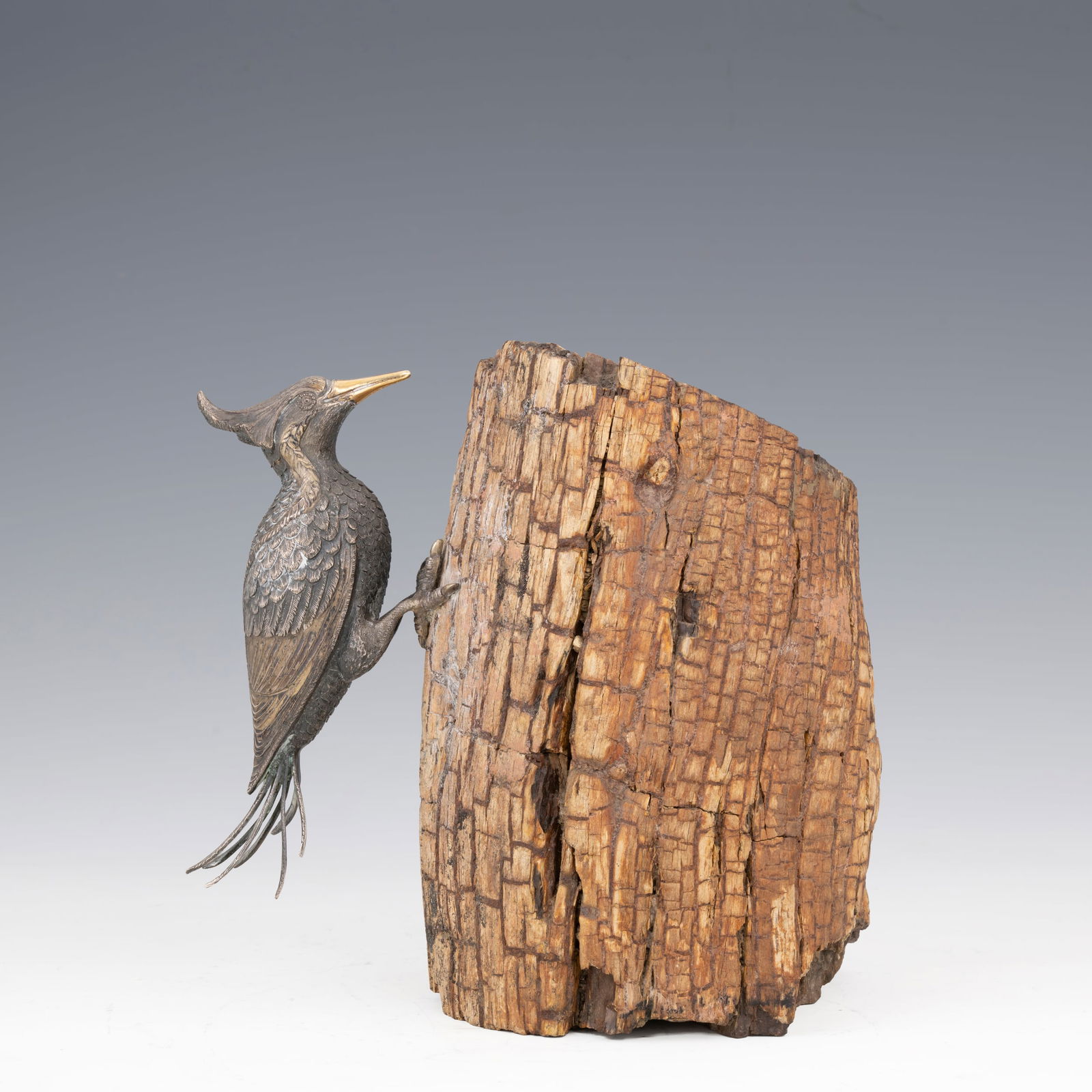 Modello di picchio in argento dal corpo finemente cesellato Poggiante su base in legno fossile (1 of 5)