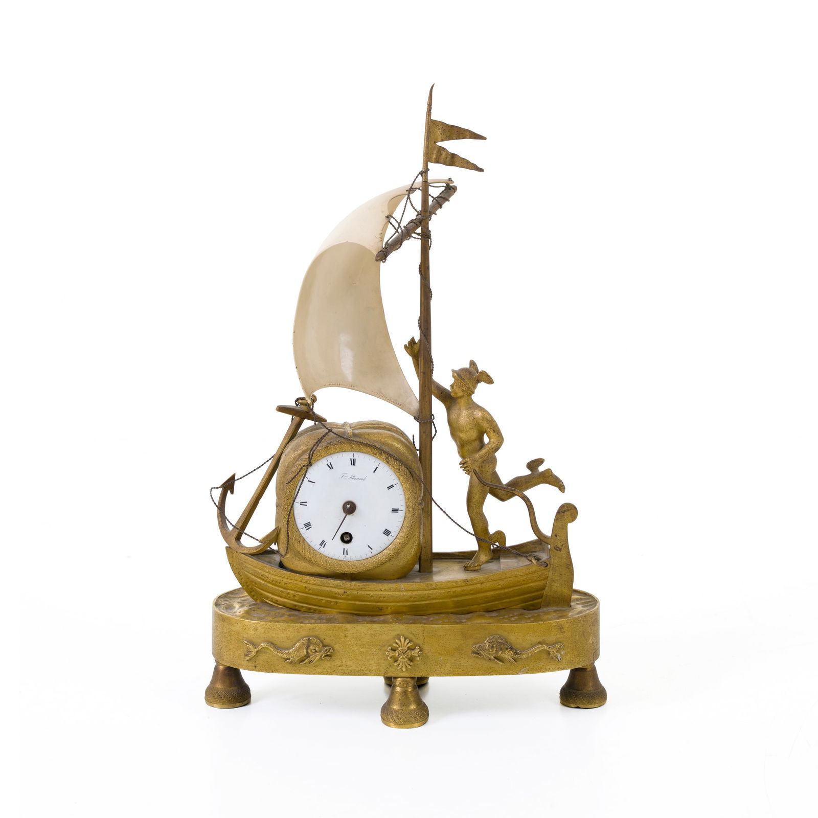 Orologio decorato con la "barca del tempo" e Mercurio alato Bronzo dorato Francia, XIX secolo 35,5 x (1 of 5)