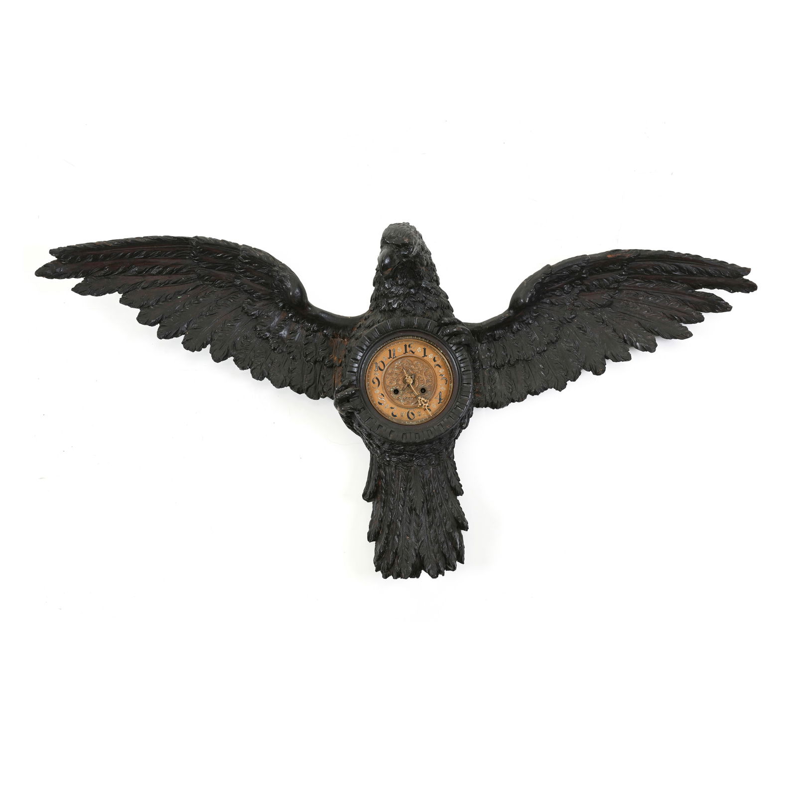 Orologio da parete raffigurante aquila ad ali spiegate Legno intagliato Austria o Germania, XIX (1 of 3)