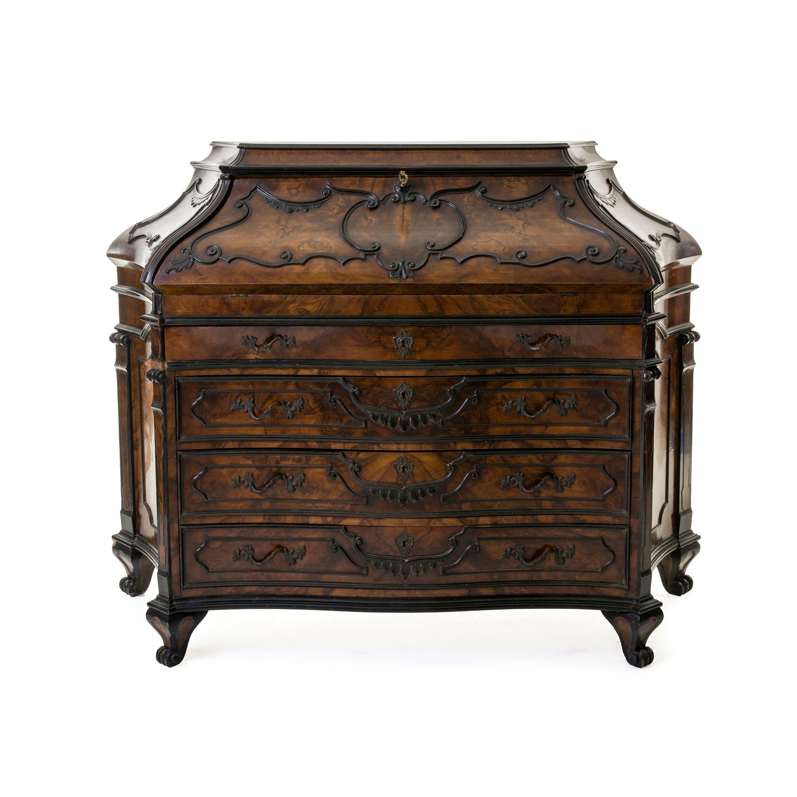 Cassettone a ribalta in stile lombardo Lastronato in radica di noce 117 x 161 x 60 cm Fronte e (1 of 6)