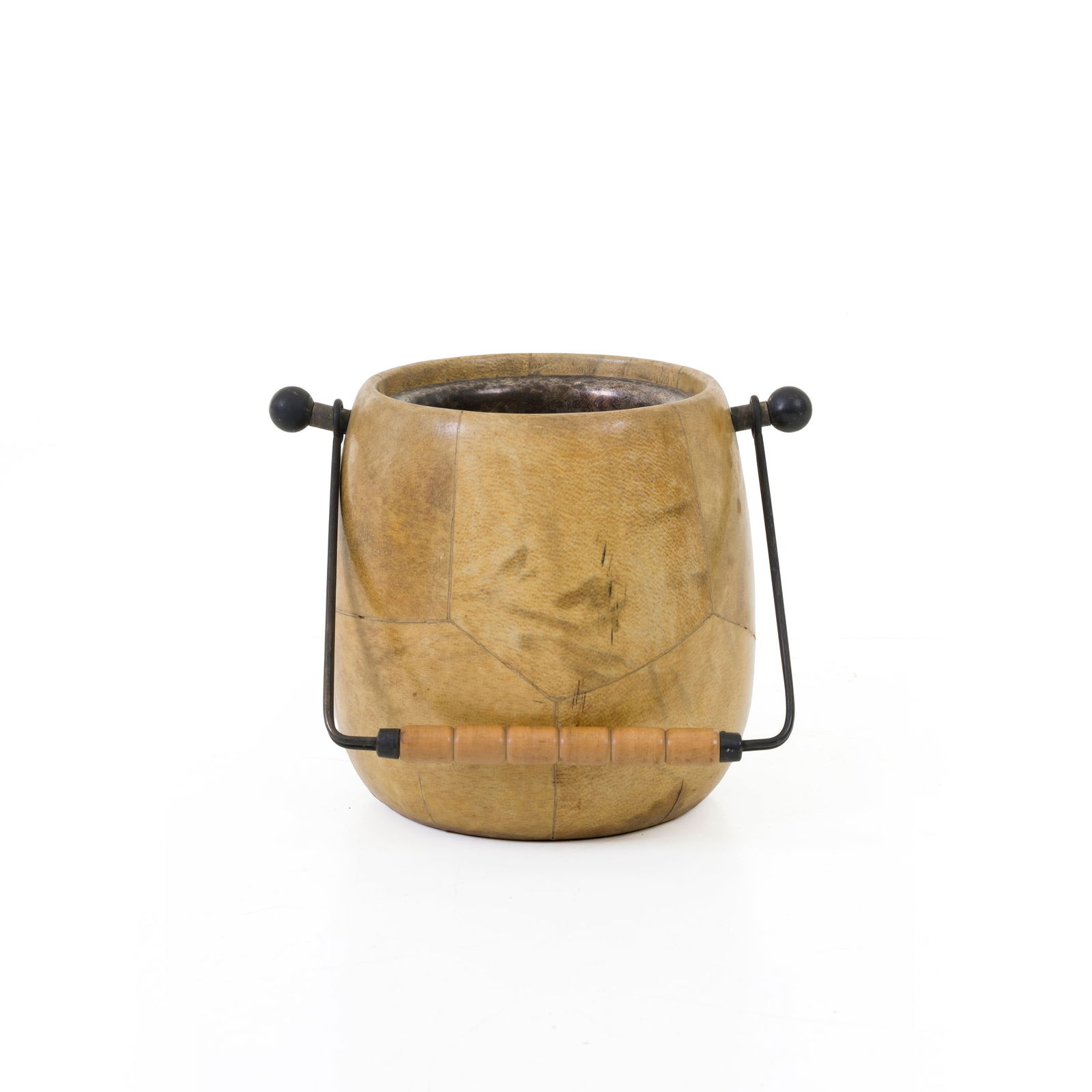 Aldo Tura Cestello portaghiaccio Struttura in legno, rivestimento in pergamena, manico in ottone (1 of 5)