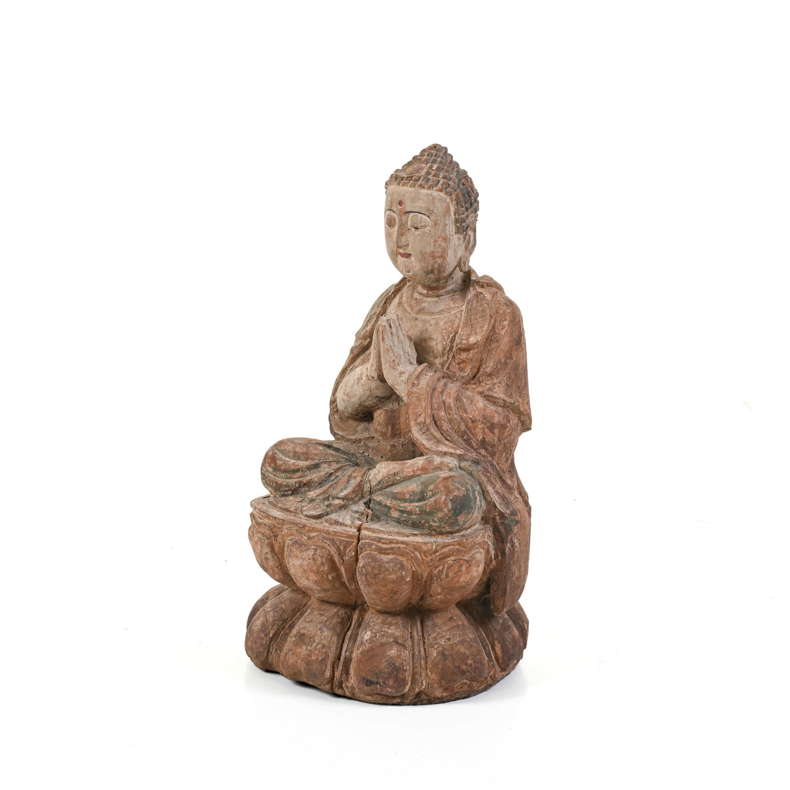 Figura di Buddha seduto su fiore di loto Legno con tracce di pittura policroma Cina, Dinastia Ming, (1 of 7)