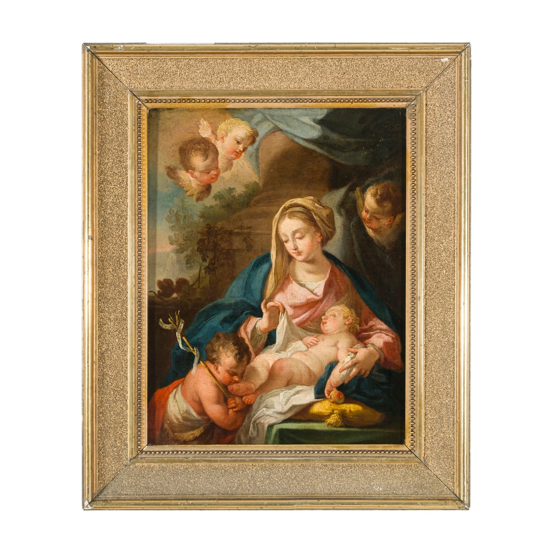 Sebastiano Conca (Gaeta 1680 - Napoli 1764): Sebastiano Conca (Gaeta 1680 - Napoli 1764) Madonna col Bambino e San Giovannino Olio su tela 30 x 23,5 cm Dopo un lungo periodo di formazione a Napoli con Francesco Solimena, Sebastiano si trasferì 