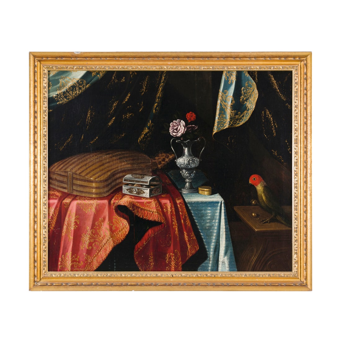 Antonio Gianlisi il Giovane (Rizzolo 1677 - Cremona 1727): Antonio Gianlisi il Giovane (Rizzolo 1677 - Cremona 1727) Natura morta con chitarra e pappagallo Olio su tela 94,5 x 77,5 cm Dopo un lungo girovagare tra l'Emilia, il Veneto e alcune città lombarde, 