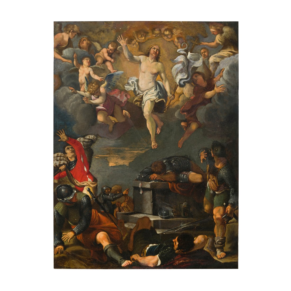 Annibale Carracci (Bologna 1560 - Roma 1609) bottega/cerchia di: Annibale Carracci (Bologna 1560 - Roma 1609) bottega/cerchia di Resurrezione di Cristo Olio su rame 40,5 x 30 cm L'opera riprende il dipinto conservato al Museo del Louvre di Parigi. Interessante nota