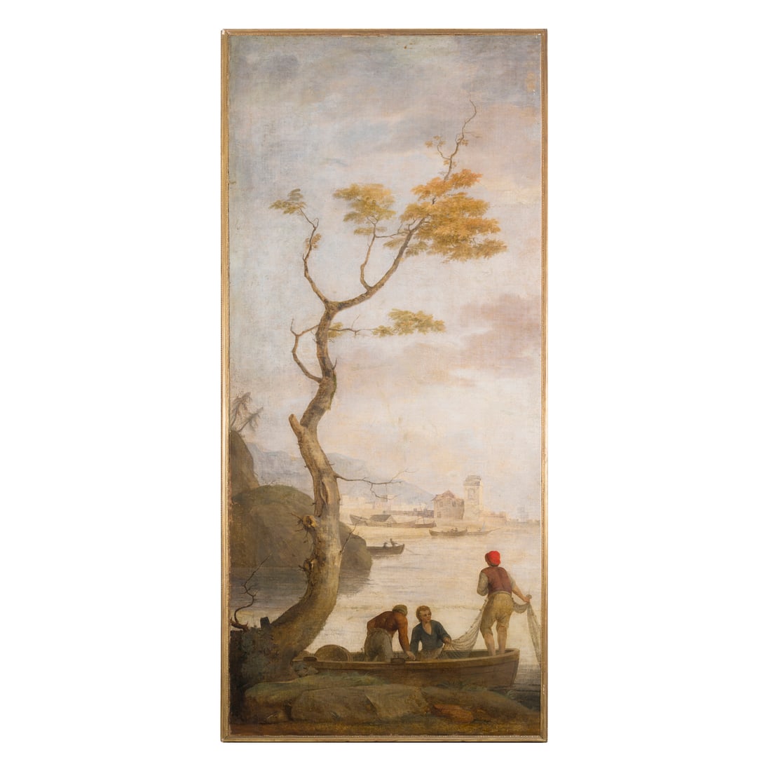 Claude Joseph Vernet (Avignone 1714 - Parigi 1789) bottega/cerchia di: Claude Joseph Vernet (Avignone 1714 - Parigi 1789) bottega/cerchia di Pescatori in riva Olio su tela 226 x 99 cm Claude Joseph fu iniziato all’arte pittorica dal padre Antoine Vernet e Adrien Mangla