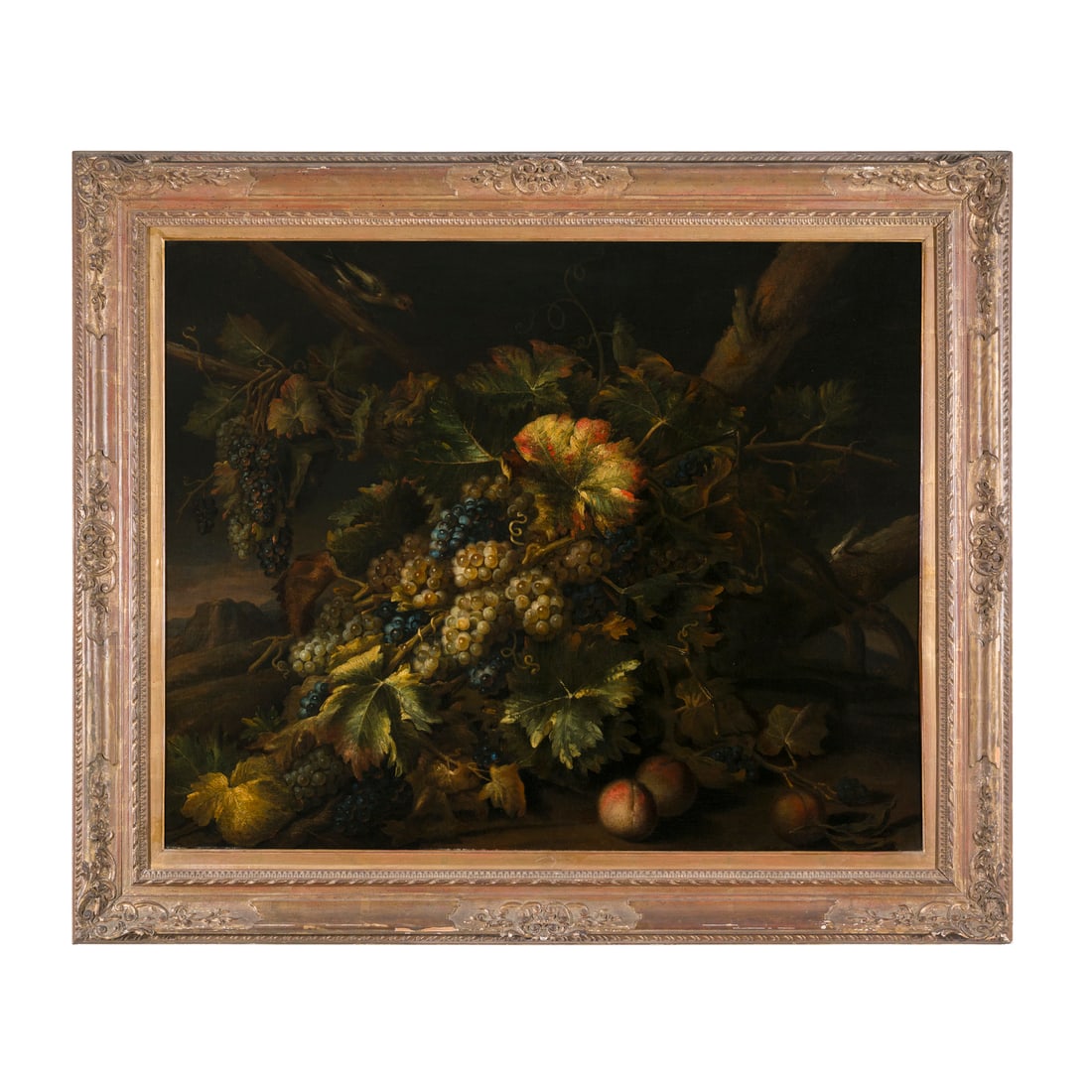 Michele Pace, Michelangelo di Campidoglio (Vitorchiano o Roma 1610 - Roma 1670): Michele Pace, Michelangelo di Campidoglio (Vitorchiano o Roma 1610 - Roma 1670) Uva e pesche nel sottobosco Olio su tela 93 x 116 cm Tra la ricca e importante compagine di artisti dediti alla natura m