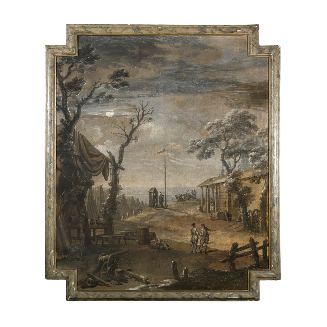 Vincenzo Martinelli (Bologna 1737 - 1807) attribuito: Vincenzo Martinelli (Bologna 1737 - 1807) attribuito Accampamento militare al chiaro di luna Tempera su tela 161,5 x 134 cm La disposizione degli alberi e la realizzazione delle loro fronde, nonché l