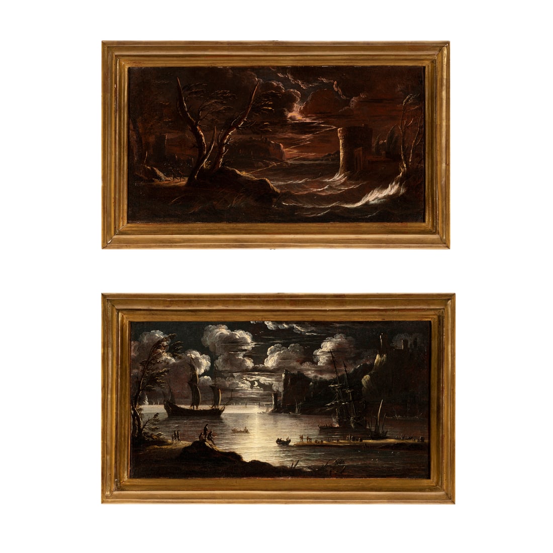 Giovanni Grevenbroeck detto il Solfarolo (Paesi Bassi 1650 circa - Milano (?) post 1699): Giovanni Grevenbroeck detto il Solfarolo (Paesi Bassi 1650 circa - Milano (?) post 1699) Veduta notturna di una baia - Temporale notturno Olio su tela 29 x 52,5 cm Si ringrazia il dottor Fabrizio Dass