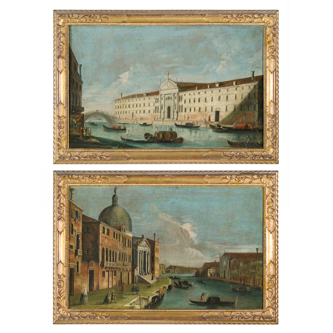 Scuola veneta del XVIII secolo: Scuola veneta del XVIII secolo Rio dei Mendicanti - Canal Grande con le chiese di San Simeone Piccolo e Santa Lucia Olio su tela 40 x 64 cm Venetian school of the 18th century Rio dei Mendicanti - Gra