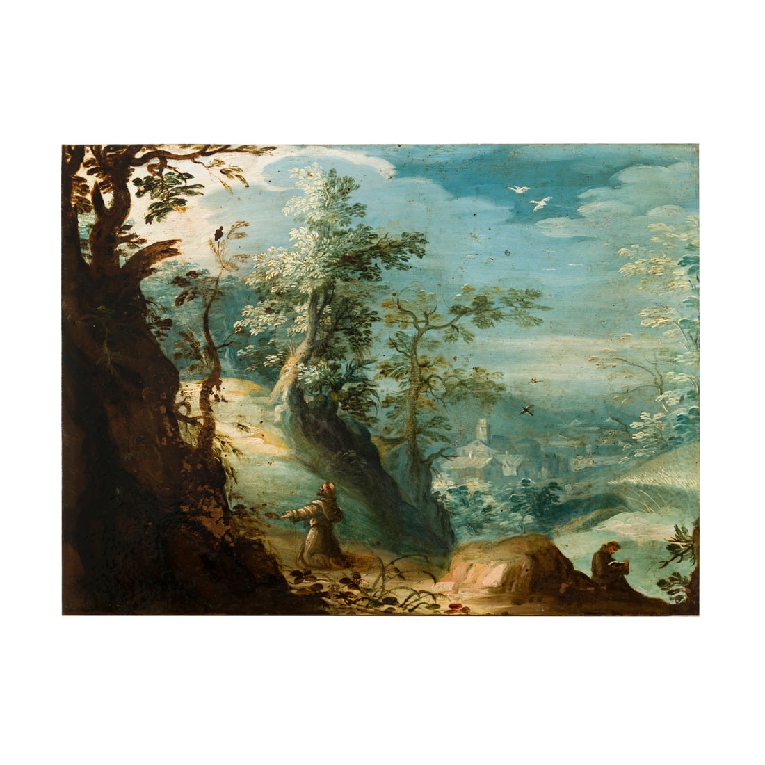 Frederik van Valckenborch (Anversa 1566 - Norimberga 1623): Frederik van Valckenborch (Anversa 1566 - Norimberga 1623) Paesaggio boschivo con San Francesco Olio su rame 17 x 22,8 cm L'opera ha la medesima impostazione paesaggistica del dipinto Paesaggio boschi