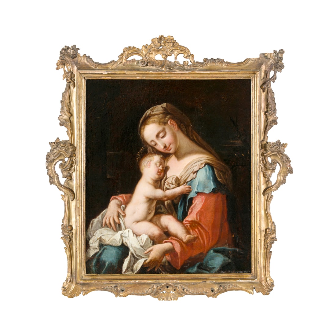 Scuola austriaca/tirolese del XVII secolo: Scuola austriaca/tirolese del XVII secolo Madonna col Bambino dormiente Olio su tela 45 x 39,3 cm L'opera prende spunto, con radicali varianti, dall'incisione di Guido Reni; si veda: https://www.calco