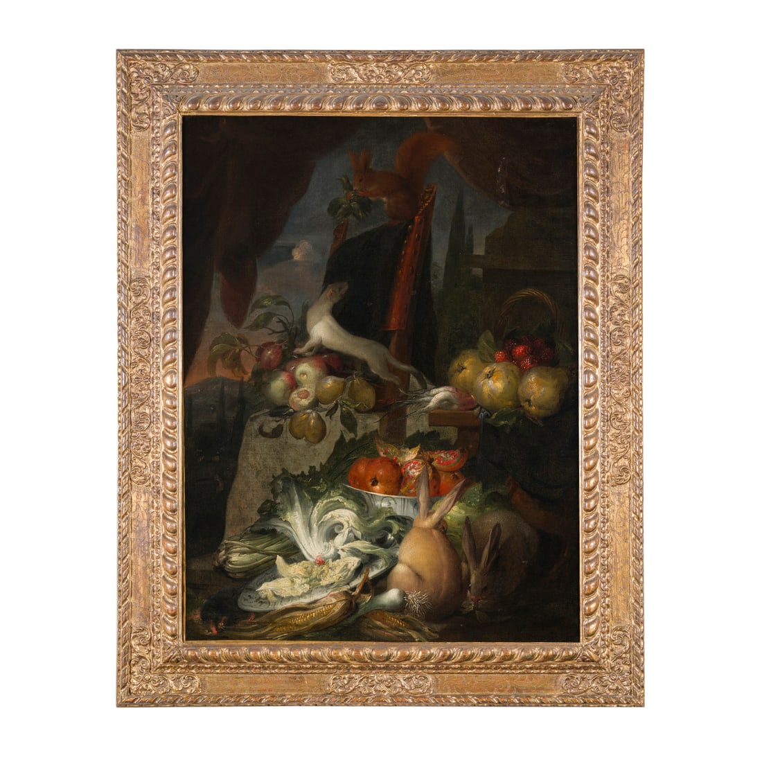 Abraham Mignon (Francoforte sul Meno 1640 - Utrecht 1679) cerchia di: Abraham Mignon (Francoforte sul Meno 1640 - Utrecht 1679) cerchia di Natura morta con conigli, ermellino e scoiattolo Olio su tela 112 x 85 cm Nato in Germania, quando la famiglia di Abraham si trasfe