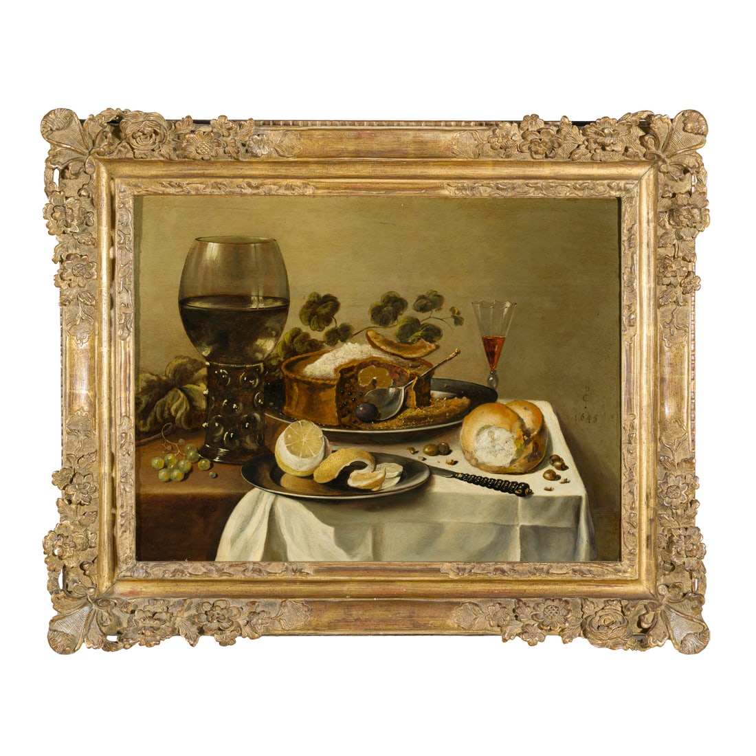 Pieter Claesz (Berchem 1597/1598 - Haarlem 1661) seguace di: Pieter Claesz (Berchem 1597/1598 - Haarlem 1661) seguace di Natura monta con limone Olio su tavola 48 x 64 cm Claesz, nato in Germania, fu attivo ad Haarlem a partire dal 1617, dove si specializzò in