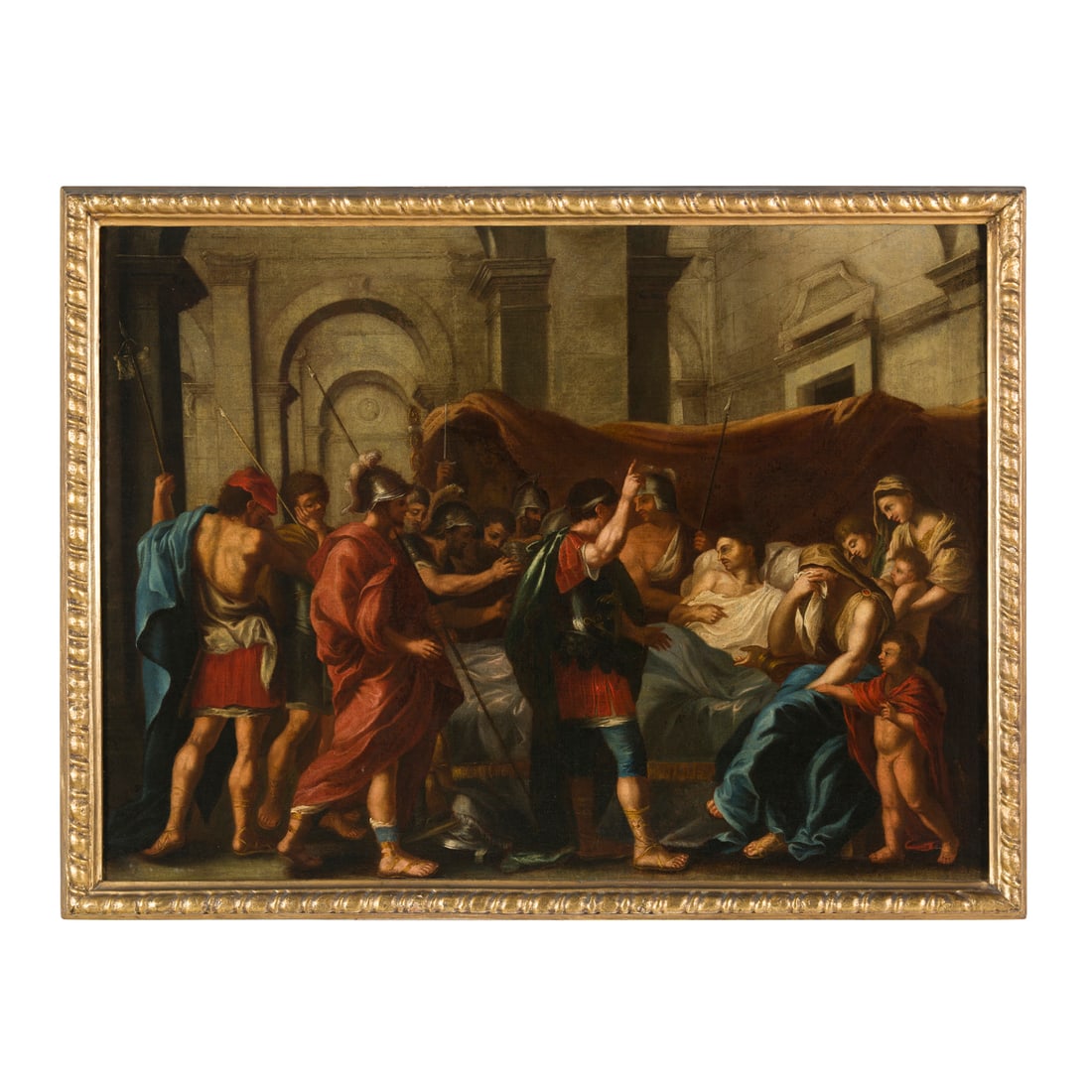 Nicolas Poussin (Les Andelys 1594 - Roma 1665) bottega/cerchia di: Nicolas Poussin (Les Andelys 1594 - Roma 1665) bottega/cerchia di Morte di Germanico Giulio Cesare Olio su tela 70 x 94 cm L'opera trova preciso riferimento con la tela conservata presso il Minneapoli