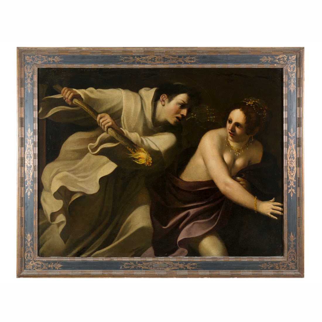 Domenico Maria Canuti (Bologna 1626 - 1684) attribuito: Domenico Maria Canuti (Bologna 1626 - 1684) attribuito La tentazione Olio su tela 100 x 130 cm Federico Zeri conservava un'immagine del dipinto nella sua fototeca, assegnando l'opera a un artista emil