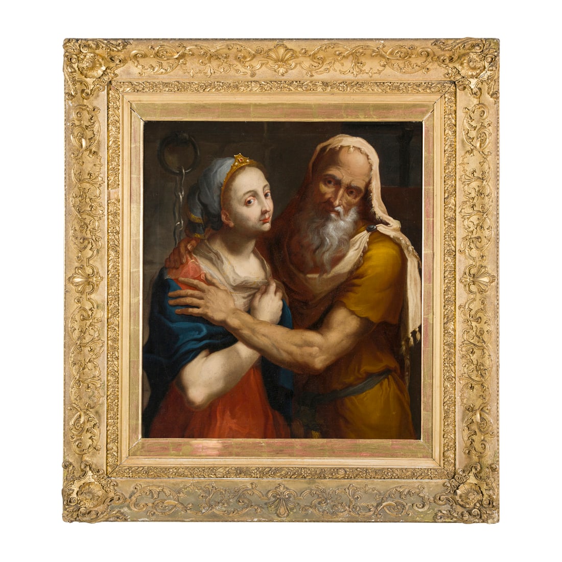 Scuola fiamminga del XVII secolo: Scuola fiamminga del XVII secolo Pero e Cimone, Carità romana Olio su tela 76 x 66 cm Flemish school of the 17th century Pero and Cimon, Roman Charity Oil on canvas 76 × 66 cm