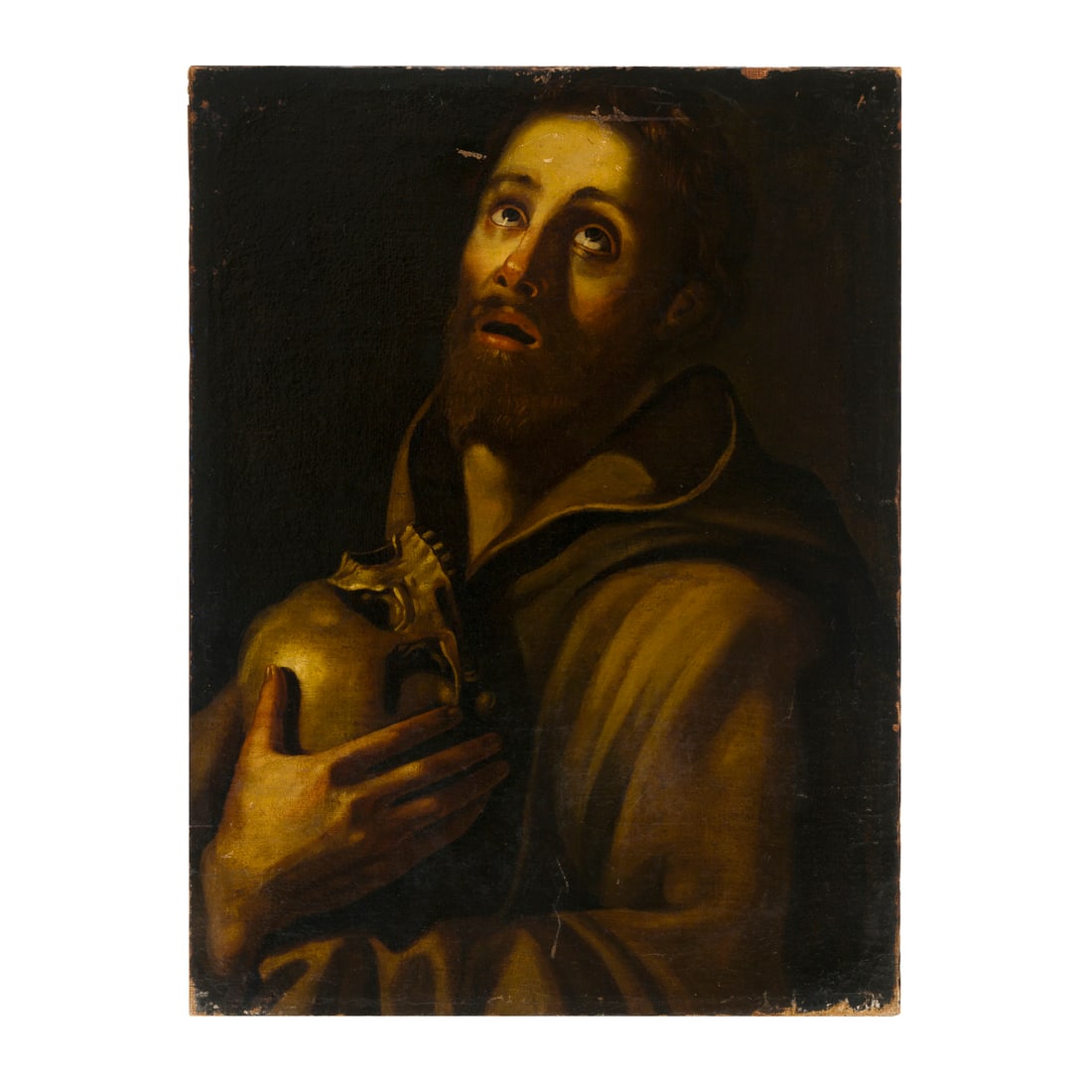 Maestro Caravaggista del XVII secolo: Maestro Caravaggista del XVII secolo San Francesco in meditazione Olio su tela 62,5 x 42,5 cm Con il termine "caravaggeschi" si inquadra convenzionalmente un folto gruppo di pittori, italiani e non, c