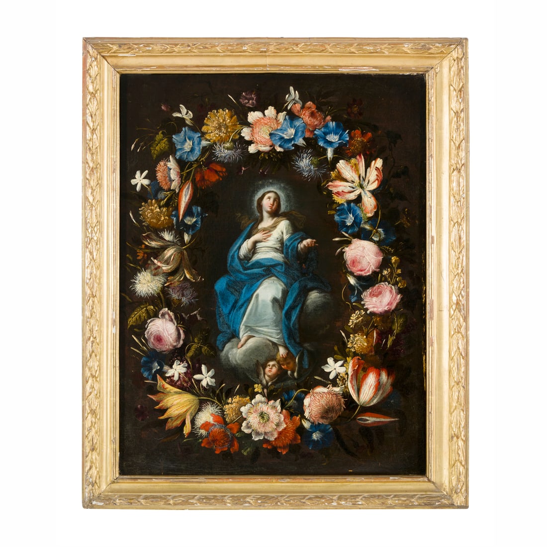 Placido Costanzi (Roma 1702 - 1759) e pittore di fiori romano del XVIII secolo: Placido Costanzi (Roma 1702 - 1759) e pittore di fiori romano del XVIII secolo Immacolata Concezione Olio su tela 63,5 x 48 cm L'immagine mariana al centro della ghirlanda di fiori trova preciso risco