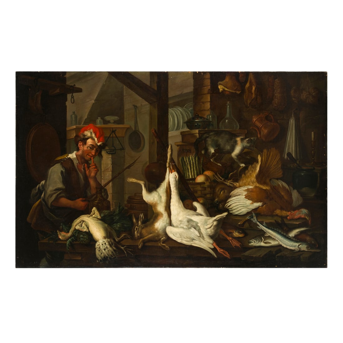 Giorgio Duranti (Brescia 1683 - Palazzolo sull’Oglio 1768): Giorgio Duranti (Brescia 1683 - Palazzolo sull’Oglio 1768) Interno di cucina con personaggio e grande natura morta Olio su tela 158,5 x 253 cm L'opera è censita in Fototeca Zeri alla Scheda 86773. 