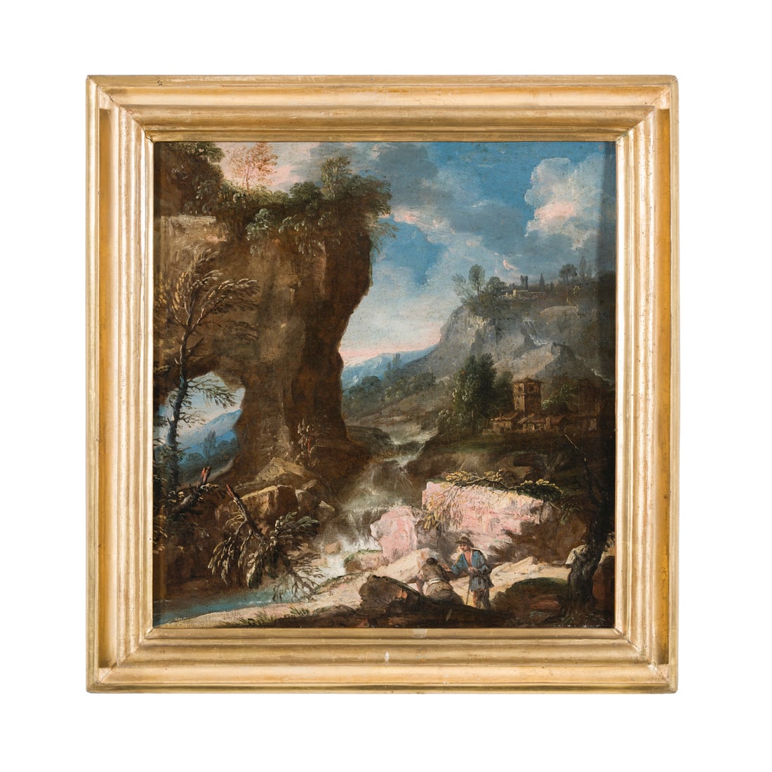 Giuseppe Zola (Brescia 1672 - Ferrara 1743): Giuseppe Zola (Brescia 1672 - Ferrara 1743) Paesaggio con viandanti e ponte Olio su tela 40 x 38 cm L'opera è da ritenersi un piccolo capolavoro dell'artista ferrarese, un dipinto che gli conferisce 