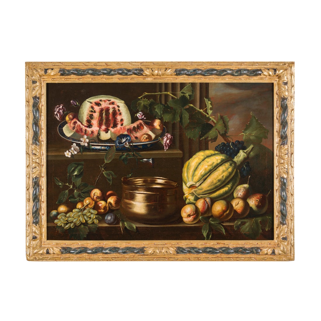 Scuola marchigiana del XVIII secolo: Scuola marchigiana del XVIII secolo Natura morta con zucca Olio su tela 70 x 100 cm Capeggiato da Sebastiano Ceccarini nelle Marche della seconda metà del Settecento, agì un gruppo di artisti, defin