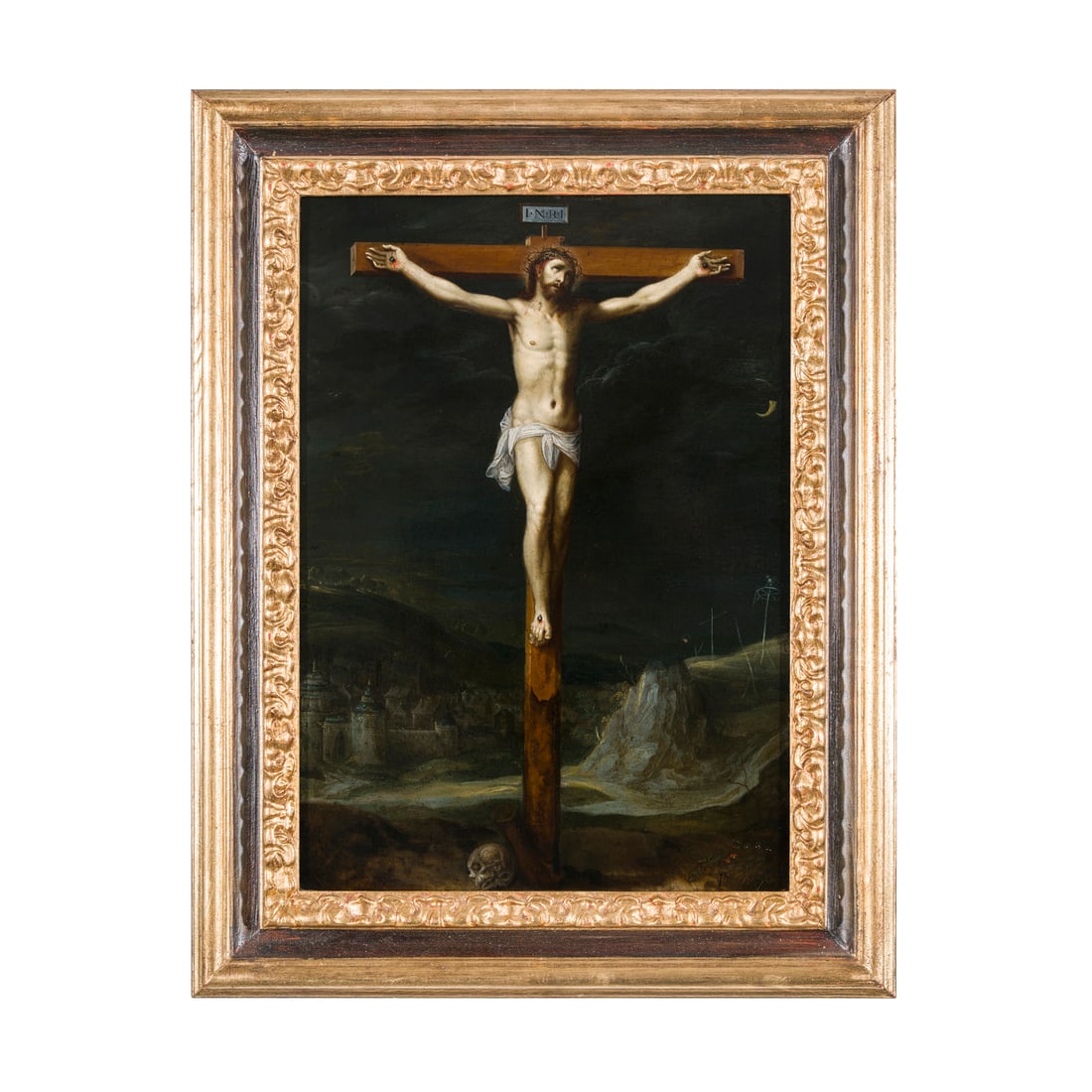 Gillis Mostaert (Hulst 1528 - Anversa 1598) seguace del XVII secolo: Gillis Mostaert (Hulst 1528 - Anversa 1598) seguace del XVII secolo Crocifissione Olio su rame 35 x 25 cm Gillis, figlio d’arte, si trasferì in giovane età con il padre e assieme al gemello Frans,