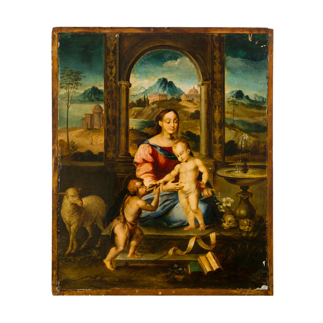 Scuola toscana del XVI secolo: Scuola Toscana del XVI secolo Vergine col Bambino e San Giovannino Olio su tavola 31 x 25,5 cm Tuscan school of the 18th century Virgin and Child with the Young Saint John Oil on panel 31 x 25,5 cm
