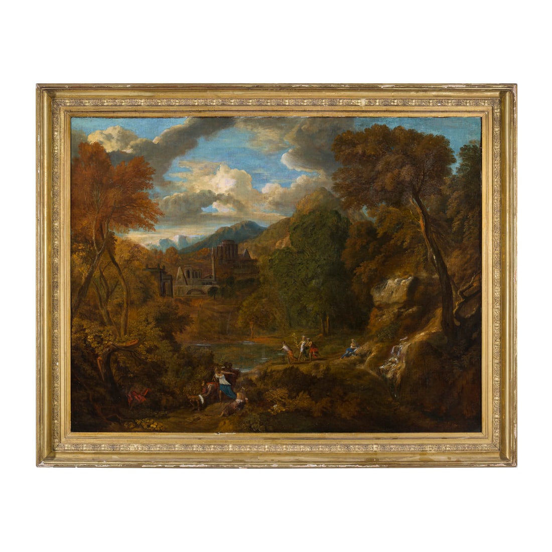 Jean François Millet II, Francisque (Parigi 1666 - 1723) attribuito: Jean François Millet II, Francisque (Parigi 1666 - 1723) attribuito Paesaggio con personaggi Olio su tela 103 x 134 cm Allievo del padre Jean François Millet I, detto Francisque, ricevette dallo ste