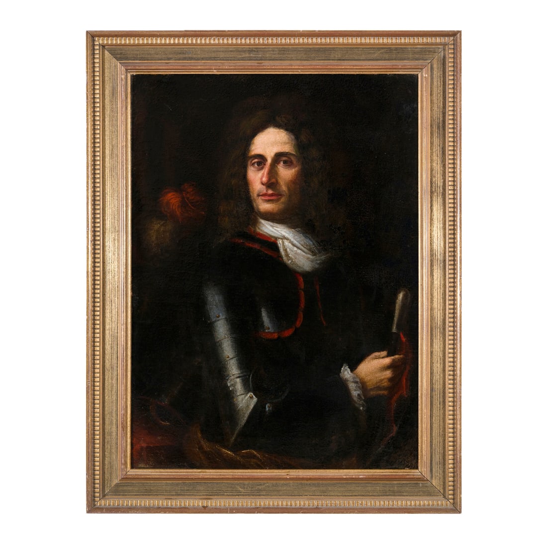 Scuola lombarda del XVII/XVIII secolo: Scuola lombarda del XVII/XVIII secolo Ritratto di condottiero con bastone di comando Olio su tela 88,5 x 64,5 cm Lombard school of the 17th/18th century Portrait of a Military Commander with a Baton o