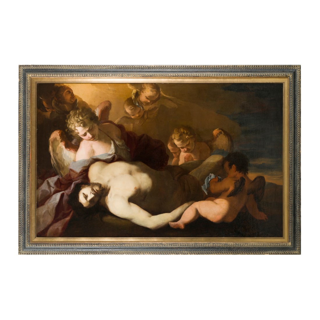 Maestro napoletano del XVII/XVIII secolo: Maestro napoletano del XVII/XVIII secolo Compianto degli angeli sul corpo di Cristo deposto Olio su tela 100 x 160 cm Neapolitan master of the 17th/18th century Lamentation of Angels over the Body of 