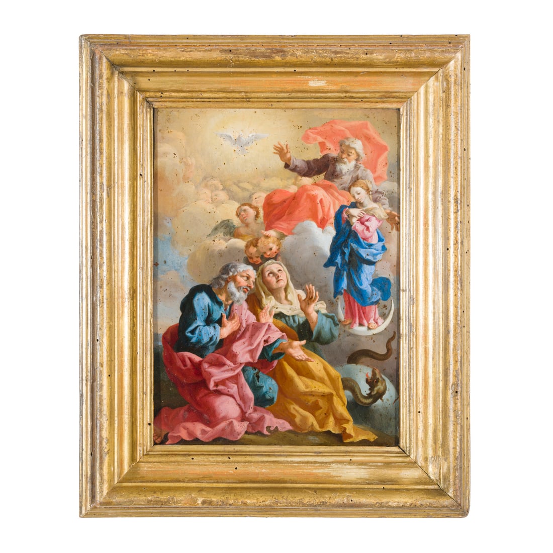 Courtois Guillaume, il Borgognone (Saint-Hyppolite 1628 - Roma 1679) bottega di: Courtois Guillaume, il Borgognone (Saint-Hyppolite 1628 - Roma 1679) bottega di Gioacchino e Anna hanno la visione dell'Immacolata Concezione Olio su rame 33,5 x 25 cm L'opera riprende in controparte 