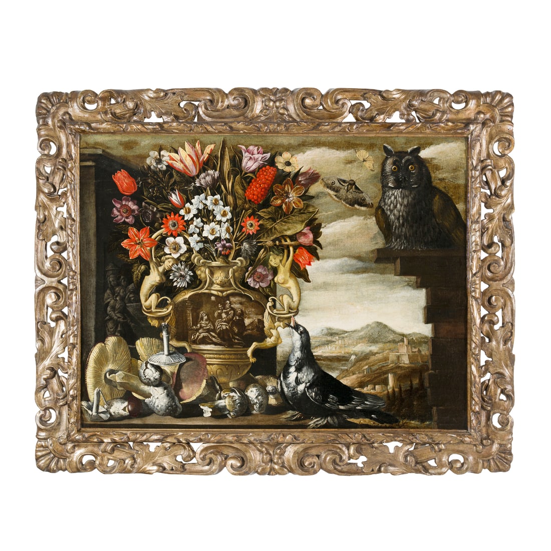 Maestro dei vasi a grottesche, attivo a Napoli e Roma nel XVII secolo: Maestro dei vasi a grottesche, attivo a Napoli e Roma nel XVII secolo Vaso di fiori in natura, con gufo e farfalle Olio su tela 75 x 100 cm Master of Grotesque Vases, active in Naples and Rome in the 
