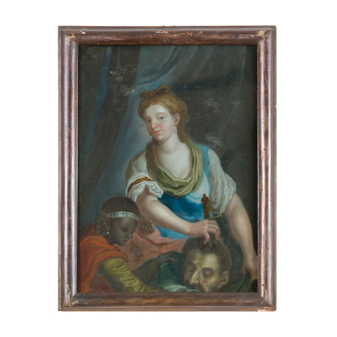 Scuola fiamminga del XVIII secolo: Scuola fiamminga del XVIII secolo Giuditta con la testa di Oloferne Olio su vetro 37,5 x 27 cm Flemish school of the 18th century Judith with the Head of Holofernes Oil on glass 37,5 x 27 cm