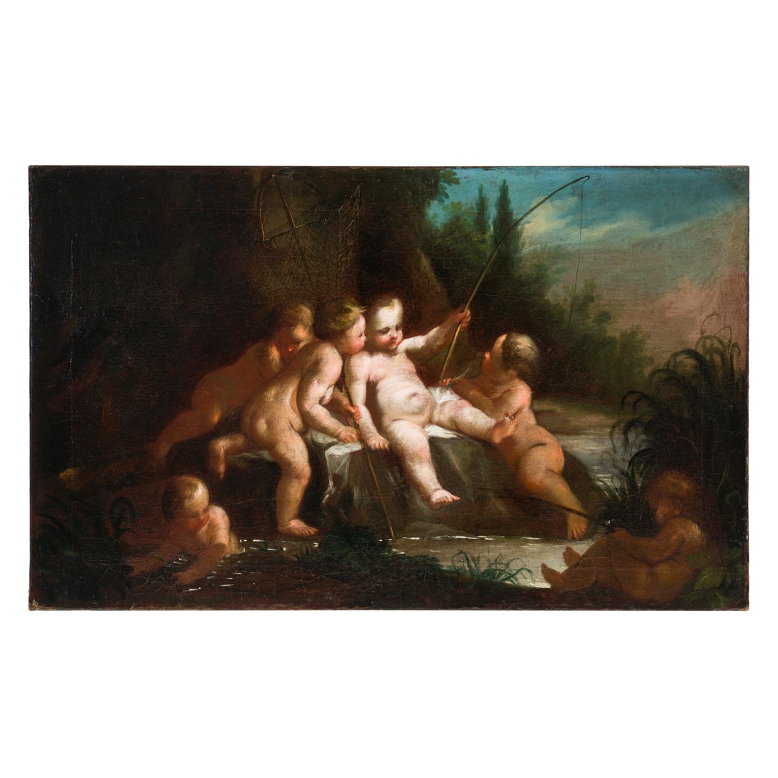 Scuola francese del XVIII secolo: Scuola francese del XVIII secolo Putti che giocano e pescano Olio su tela 40 x 64,5 cm French school of the 18th century Putti Playing and Fishing Oil on canvas 40 x 64,5 cm