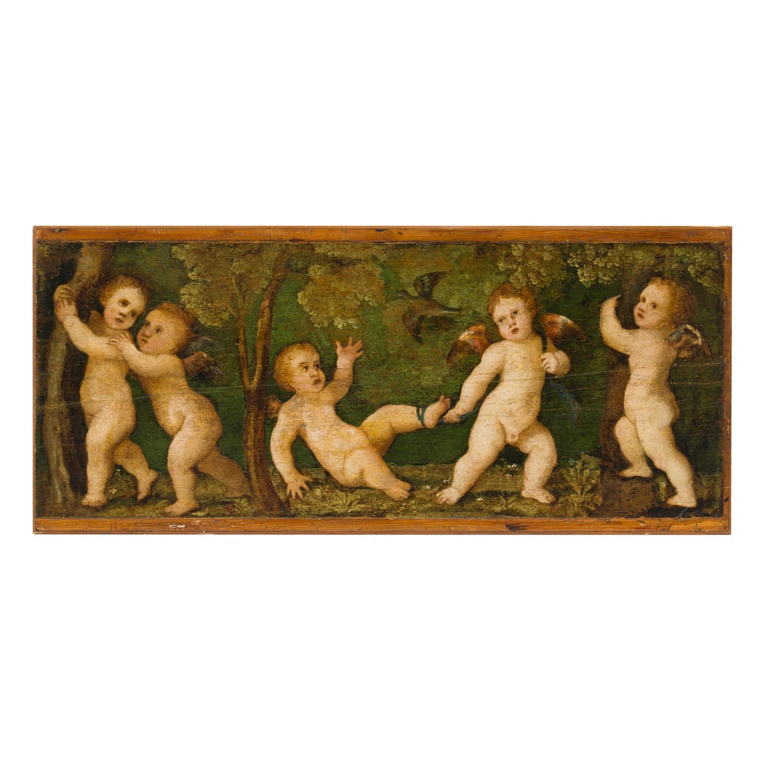 Tiziano Vecellio (Pieve di Cadore 1488/1490 - Venezia 1576) bottega/cerchia di: Tiziano Vecellio (Pieve di Cadore 1488/1490 - Venezia 1576) bottega/cerchia di Amorini che giocano Olio su tavola 29,5 x 68 cm L'opera riprende lo stile degli amorini presenti nell'opera di Tiziano, O