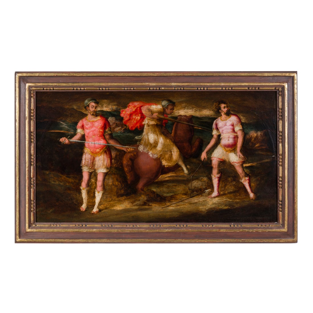 Scuola senese del XVI secolo: Scuola senese del XVI secolo Due armigeri e un cavaliere Olio su tavola 33 x 60,5 cm L'opera si inserisce nel clima senese del secondo Cinquecento permeato dall'influenza del Domenico di Jacopo di Pac